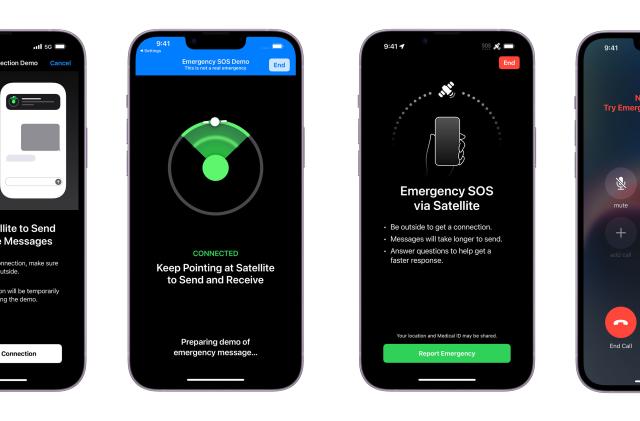 A series of four iPhone 14s showing the screens for the demo mode of the Emergency SOS via Satellite feature. 