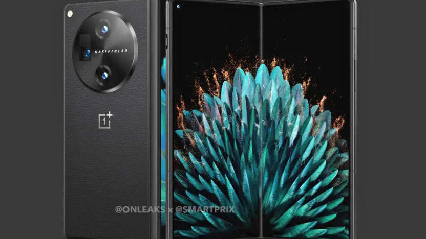 A leaked image of the OnePlus Fold in black seen against a dark grey background.