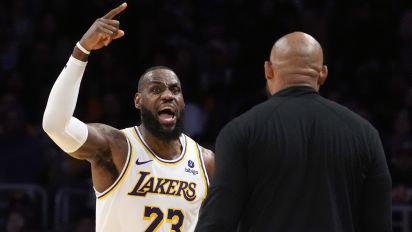 Associated Press - Los Angeles Lakers forward LeBron James, left, asks head coach Darvin Ham for a replay review after he was called for a foul during the second half in Game 4 of an NBA basketball first-round playoff series Saturday, April 27, 2024, in Los Angeles. (AP Photo/Mark J. Terrill)