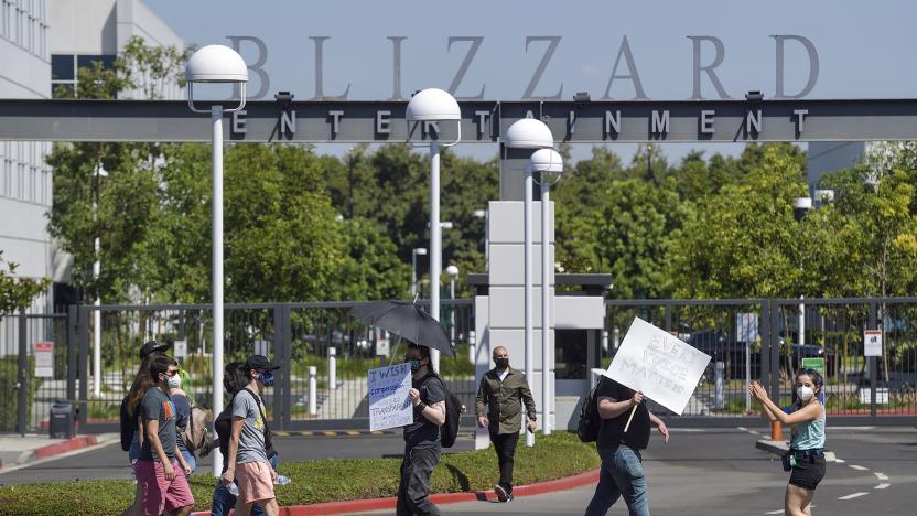 Blizzard Entertainment employees and supporters protest for better working conditions in Irvine, CA, on Wednesday, July 28, 2021. (Photo by Jeff Gritchen/MediaNews Group/Orange County Register via Getty Images)