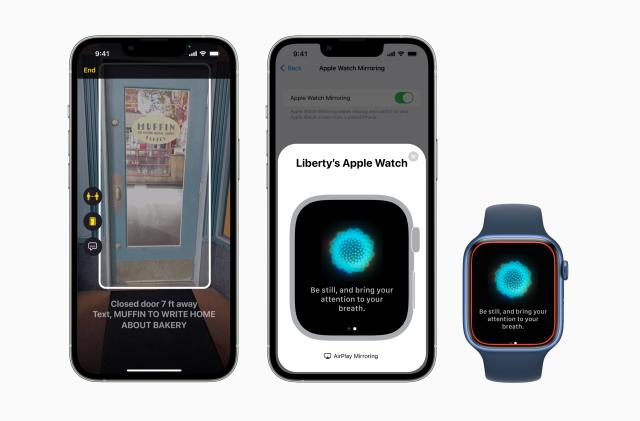 Two iPhones and an Apple Watch showcasing Apple's new accessibility features. The iPhone on the left shows the new door detection tool in Magnifier, while the iPhone in the middle and the Watch on the right show the new mirroring feature.