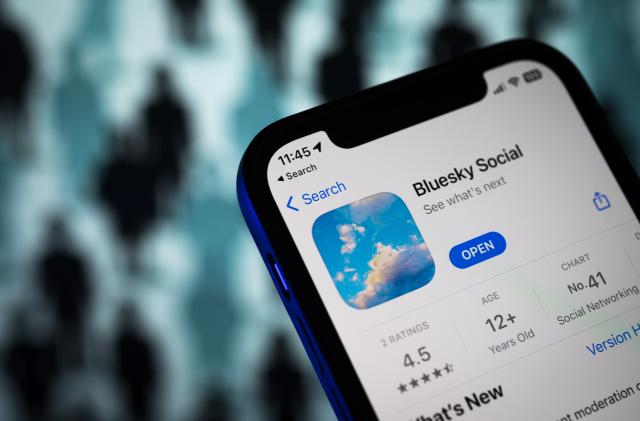 The Bluesky social media app logo is seen on a mobile device in this photo illustration in Warsaw, Poland on 21 April, 2023. Founder Jack Dorsey of twitter has released the Bluesky application on Android. (Photo by Jaap Arriens/NurPhoto via Getty Images)