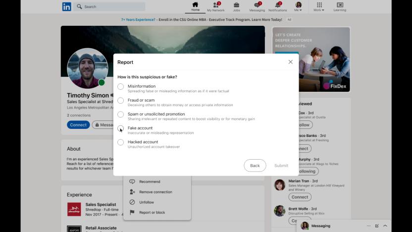 A screenshot of the page for reporting a profile as fake on LinkedIn's website