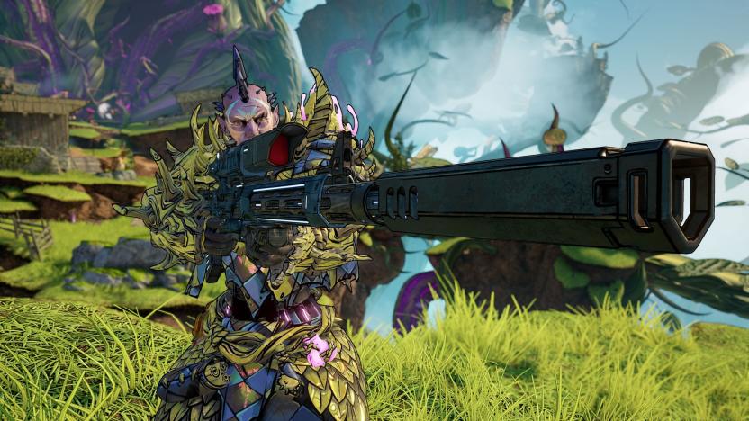 A player holds a gigantic gun aimed to the right. Fantasy setting, Gearbox’s distinct Borderlands art style (cell-shaded open world).