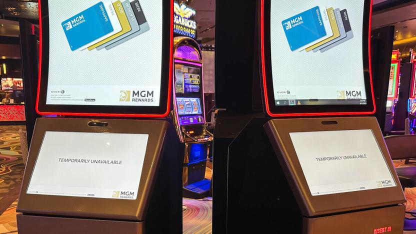 Some slots machines and kiosks remain down at Aria Resort and Casino after MGM Resorts International suffered a cybersecurity attack on Monday, Sept. 11, 2023, in Las Vegas. (Daniel Pearson/Las Vegas Review-Journal)