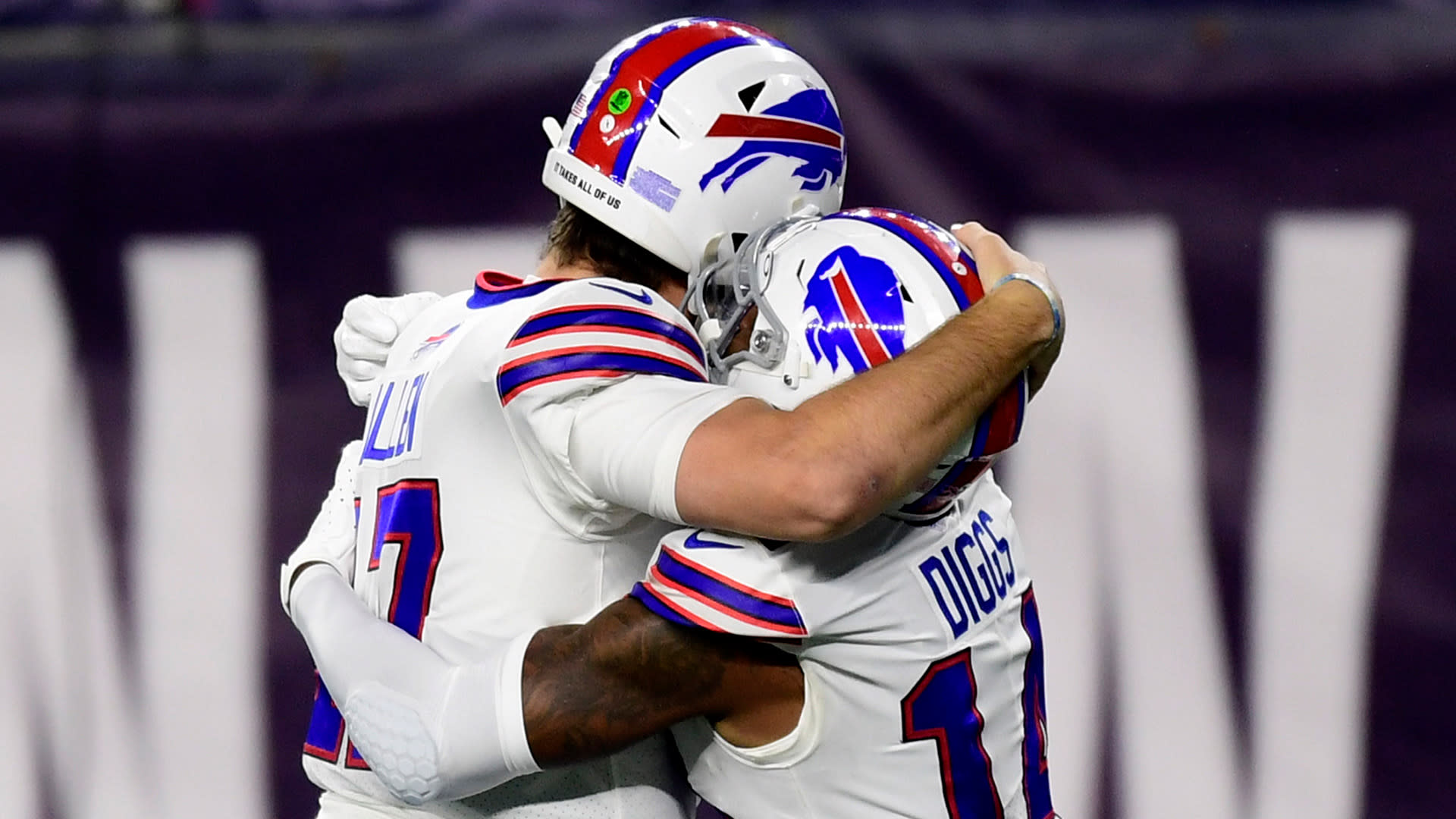 The Buffalo Bills Helmet Is Shown Against A Dark Background