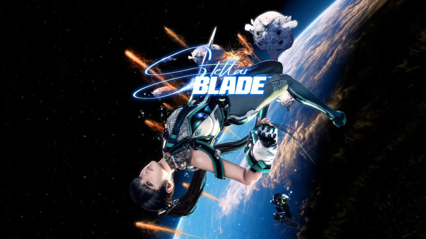 Marketing image for the game Stellar Blade, coming in April 2024. A woman does a backflip in space with the title in front of her.