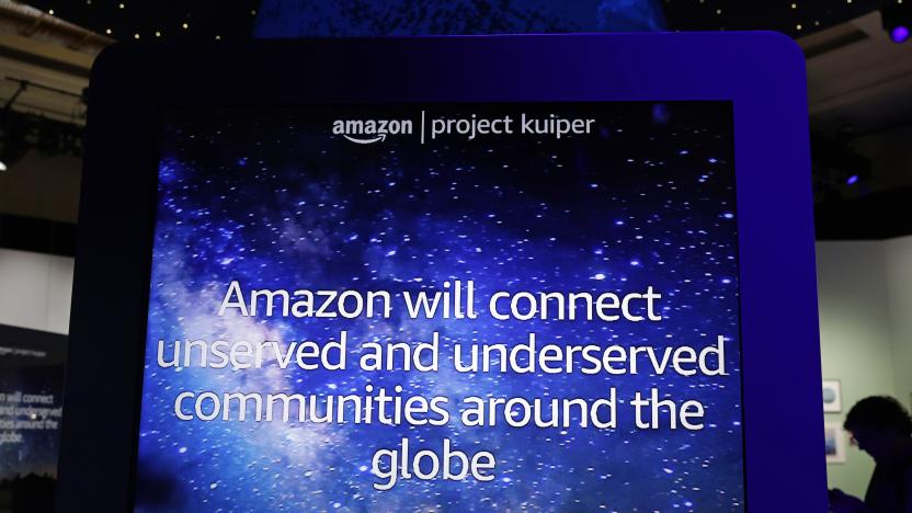 LAS VEGAS, NEVADA - JANUARY 07: Amazon’s description of Project Kuiper, an initiative to build a low Earth orbit (LEO) satellite constellation capable of providing reliable, affordable broadband service to unserved and underserved communities around the world, is displayed on a screen at CES 2023 at Venetian Expo on January 07, 2023 in Las Vegas, Nevada. CES, the world's largest annual consumer technology trade show, runs through January 08 and features about 3,200 exhibitors showing off their latest products and services to more than 100,000 attendees. (Photo by Alex Wong/Getty Images)