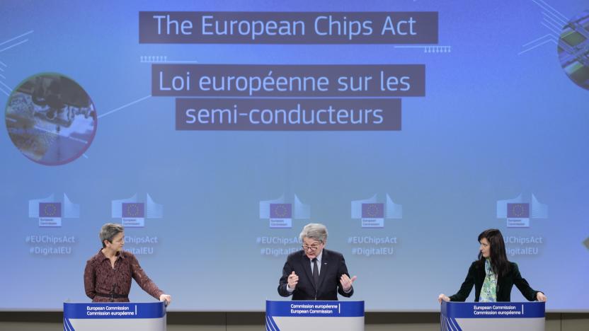 BRUSSELS, BELGIUM - FEBRUARY 7: EU Commissioner for A Europe Fit for the Digital Age - Executive Vice President Margrethe Vestager (L), the EU Commissioner for Internal Market Thierry Breton (C) and the EU Commissioner for Innovation and Youth Mariya Gabriel (R) are talking to media in the Berlaymont, the EU Commission headquarter on February 8, 2022 in Brussels, Belgium. Today, the Commission proposes a comprehensive set of measures, the European Chips Act, to ensure the EUs security of supply, resilience and technological leadership in semiconductor technologies and applications. (Photo by Thierry Monasse/Getty Images) BELGIUM