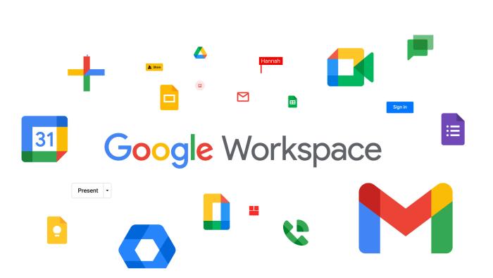 The Google Workspace word logo surrounded by a cloud of Google app icons.