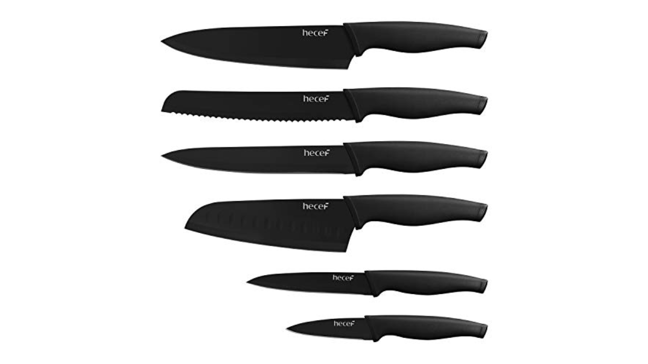 Hecef 5 Pcs Black Kitchen Knife Set with Sheaths, All Metal One