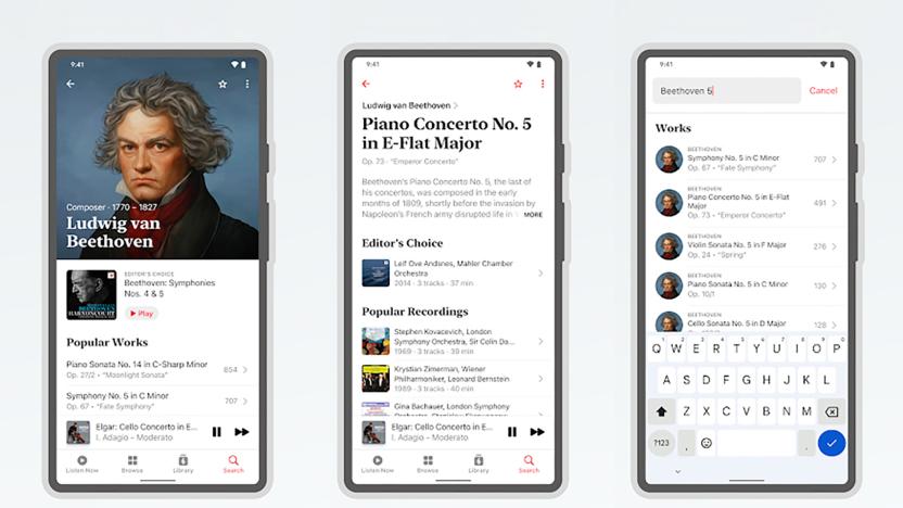 A trio of phone screens showing the various settings in Apple Music's dedicated classical music Android app.