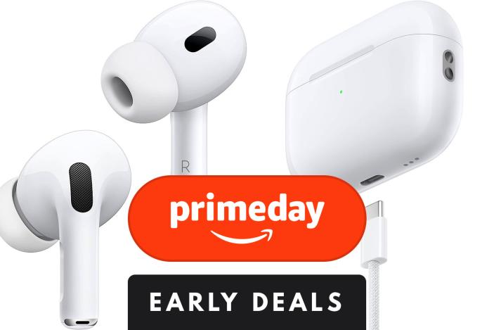 The new USB-C airpods pro with an overlay of Prime Day logo and the words early deals