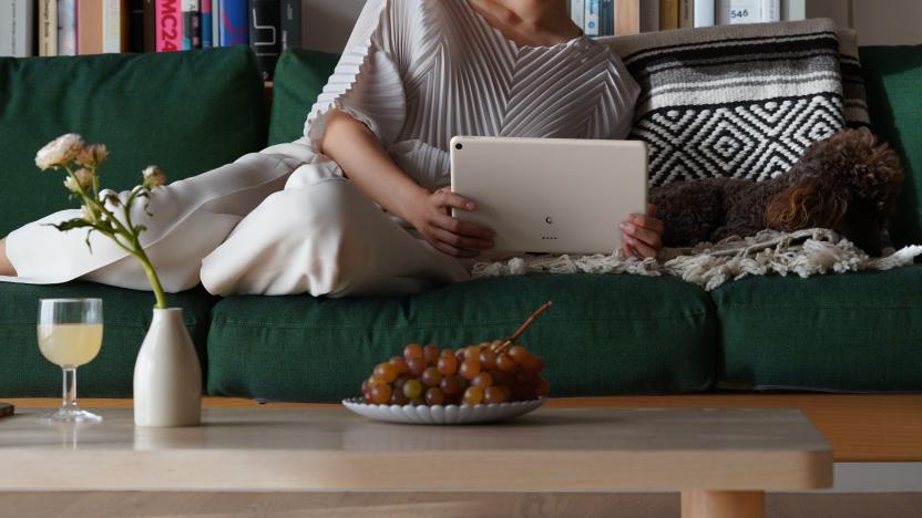 A person holding a white Pixel Tablet while laying on a green couch with a plate of grapes on a table in front of them. The back of the Tablet is facing out and there is a camera on the top left of the device's rear.