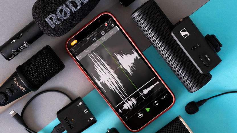 A phone surrounded by microphones that are particularly suited to recording on the go.