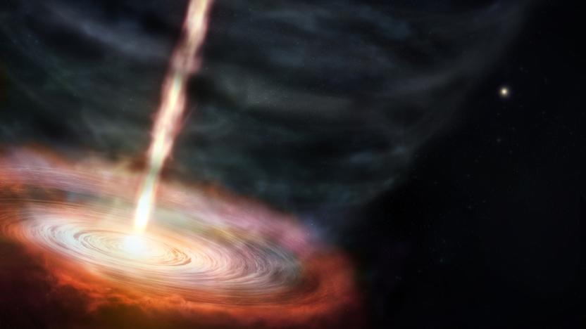 A reddish orange accretion disk with a bright yellow, narrow beam of energy blasting out at a 90 degree angle from its center. A Kamehameha of galactic proportions.  