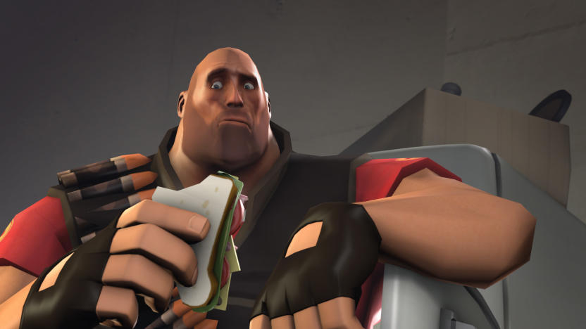 "Heavy" from the game Team Fortress 2. The lumbering character eats a sandwich with a puzzled expression on his face.