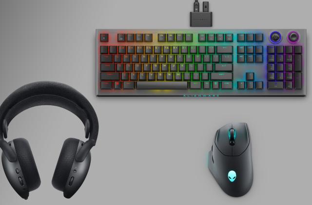 A collage of three Alienware gaming peripherals: an RGB keyboard (top), gaming mouse (lower right) and headset (left).