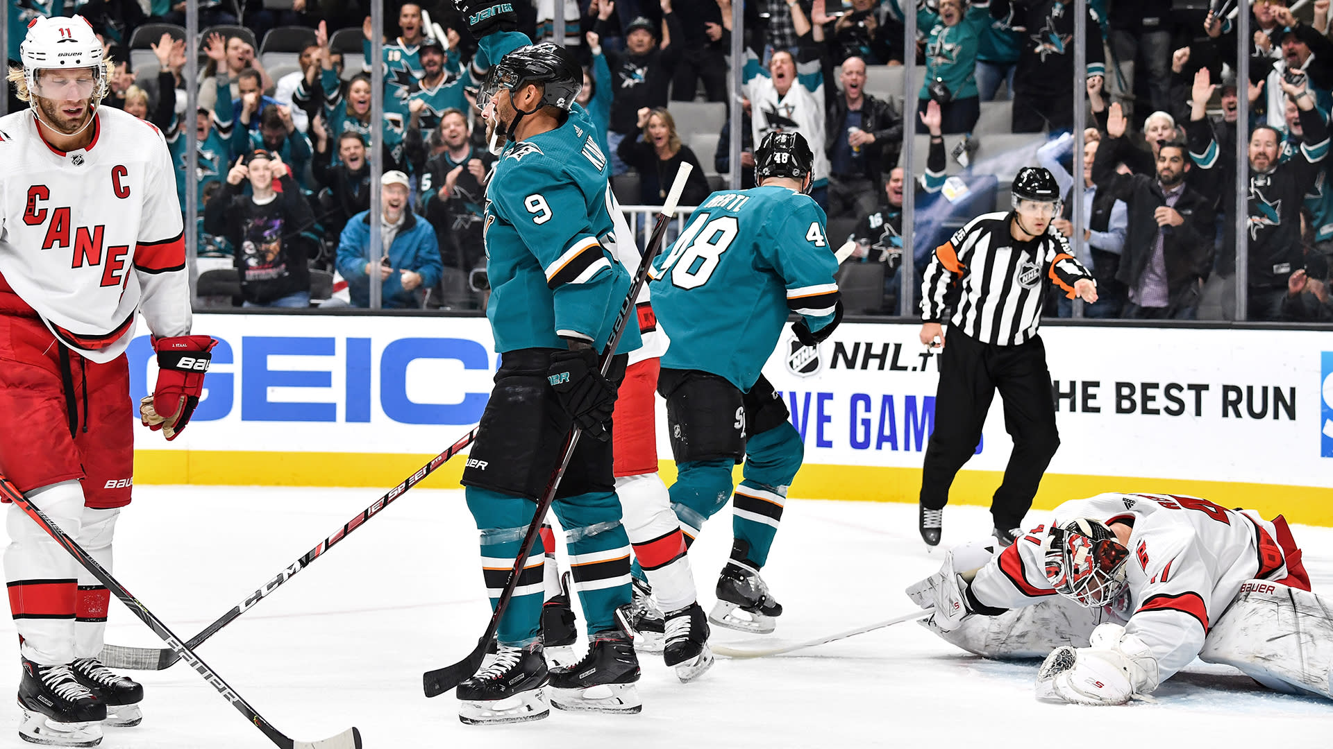 Sharks record with first-period hat trick