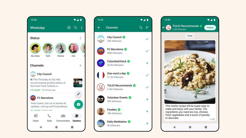 Three mockups of WhatsApp screens display the new WhatsApp Channels feature for private one-way broadcasts to followers.