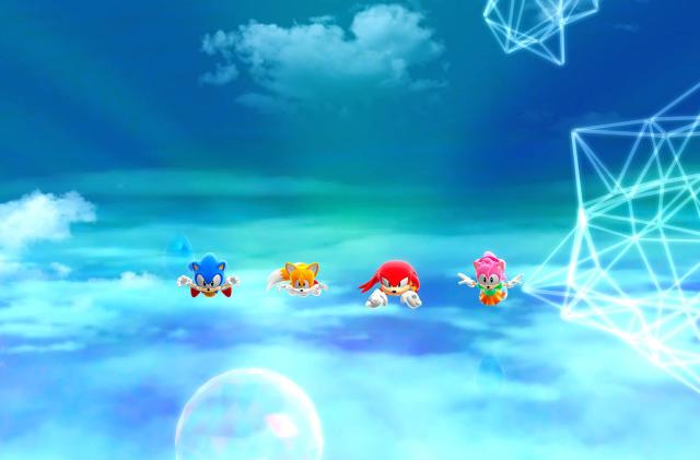 Still from the game Sonic Superstars. The Four playable characters fall through the sky.