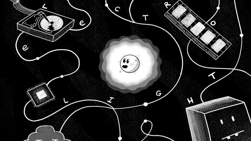 The title image for Electrolight showing a cartoon rendering of a small piece of light surrounded by computer parts