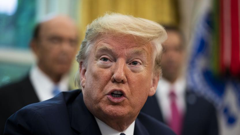 WASHINGTON, DC - MAY 28: U.S. President Donald Trump receives a briefing on the 2020 hurricane season in the Oval Office May 28, 2020 in Washington, DC. (Photo by Doug MIlls-Pool/Getty Images)