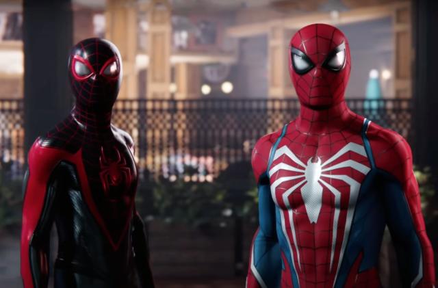 Trailer still from 'Marvel's Spider-Man 2,' showing Miles Morales and Peter Parker dressed in their Spider-Man costumes.