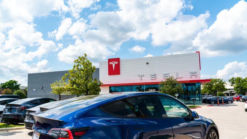Austin, TX, USA - September 15, 2020: Tesla Motors in the growing pond springs location overflowing with Electric Tesla Vehicles with nice.blue Model Y parked in front