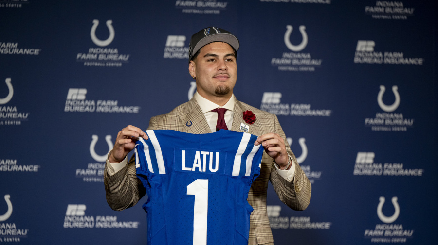 Associated Press - Indianapolis Colts first round draft pick Laiatu Latu speaks at an NFL football press conference in Indianapolis, Friday, April 26, 2024. (AP Photo/Doug McSchooler)