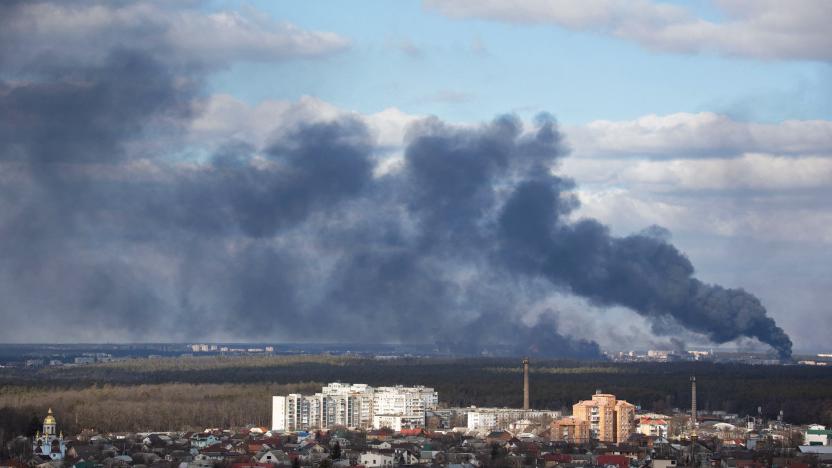 Smoke rising after shelling on the outskirts of the city is pictured from Kyiv, Ukraine February 27, 2022. REUTERS/Mykhailo Markiv