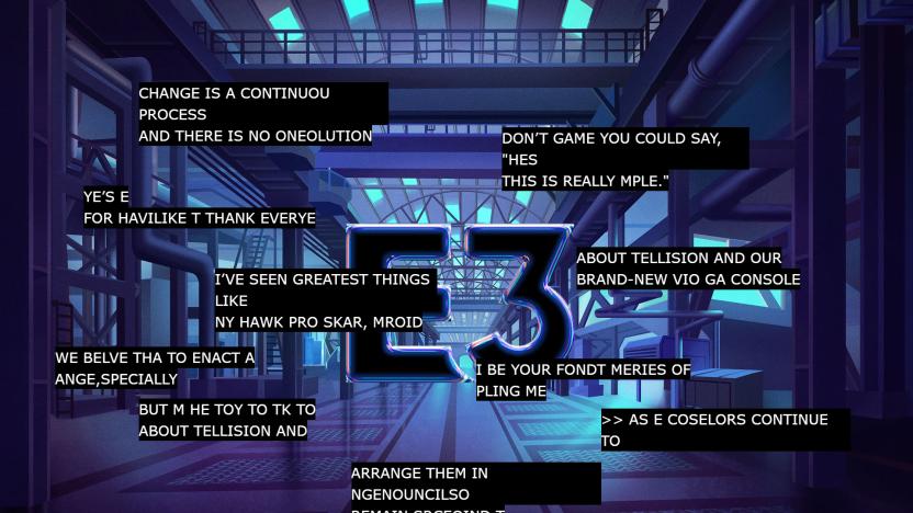 An animation showing screenshots of closed captions from E3's livestream popping up one after another against a backdrop featuring the E3 logo in a graphically rendered factory-like space.