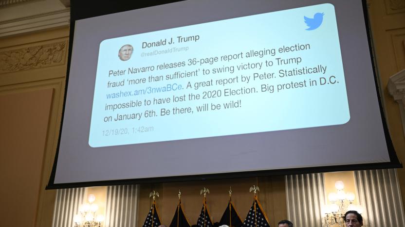 A tweet by former President Donald Trump appears on screen during a House Select Committee hearing to Investigate the January 6th Attack on the US Capitol, in the Cannon House Office Building on Capitol Hill in Washington, DC on June 9, 2022. (Photo by Brendan SMIALOWSKI / AFP) (Photo by BRENDAN SMIALOWSKI/AFP via Getty Images)