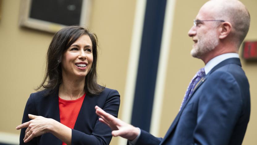 UNITED STATES - MARCH 31: Federal Communications Commission Chairwoman Jessica Rosenworcel and Commissioner Brendan Carr prepare to testify during the House Energy and Commerce Subcommittee on Communications and Technology hearing titled Connecting America: Oversight of the FCC, in Rayburn Building on Thursday, March 31, 2022. (Tom Williams/CQ-Roll Call, Inc via Getty Images)