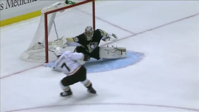 Marc-Andre Fleury lunges out for blocker save