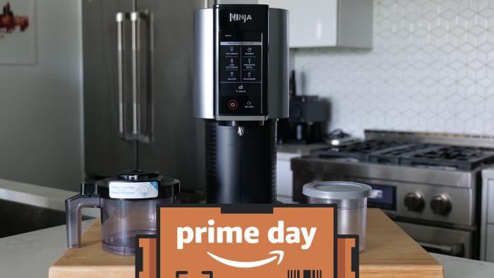 The Ninja Creami machine sits in a kitchen, the prime day badge is on top of the image. 