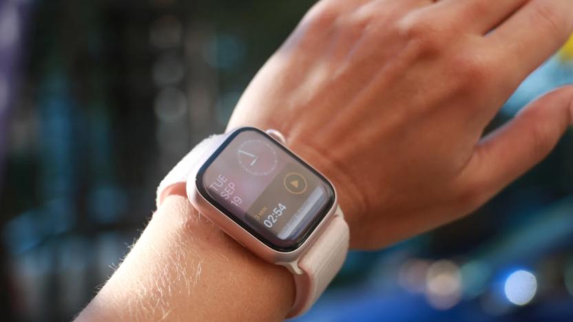 A wrist wearing an Apple Watch. 