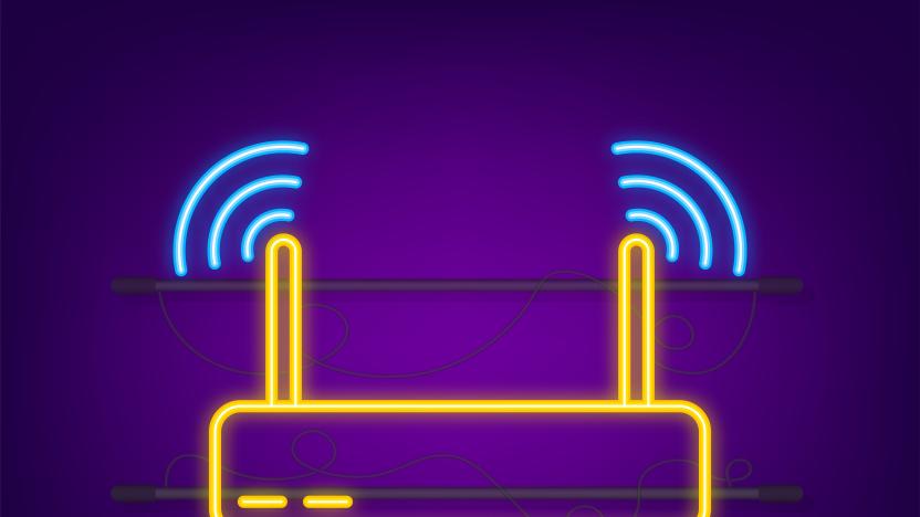 Network Router neon icon. Wifi router, wireless broadband modem. Communication Access Network. Vector stock illustration