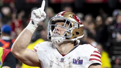 Getty Images - LAS VEGAS, NEVADA - FEBRUARY 11: Christian McCaffrey #23 of the San Francisco 49ers celebrates after scoring a toudhdown during the NFL Super Bowl 58 football game between the San Francisco 49ers and the Kansas City Chiefs at Allegiant Stadium on February 11, 2024 in Las Vegas, Nevada. (Photo by Michael Owens/Getty Images)