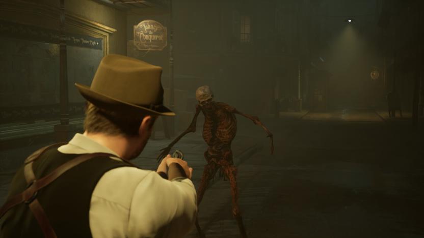 A person wearing a trilby points a handgun at a walking skeleton on a gloomy street