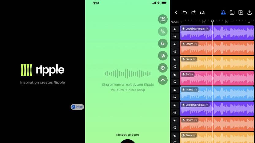 Three stitched screenshots of the Ripple app. One screenshot shows the Ripple logo against a black screen. The middle screenshot shows a green screen prompting you to hum a melody that the app will turn into a song. The right-most screenshot shows multiple results for the melody you hummed.