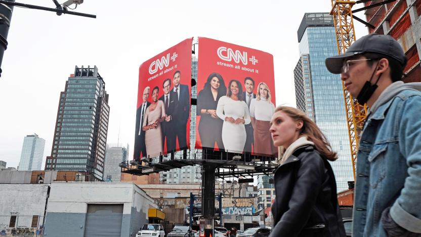 NEW YORK, NEW YORK - APRIL 21: An advertisement for CNN+ is displayed in Manhattan on April 21, 2022 in New York City.  Only three weeks after its launch, CNN has announced that it's new streaming service is already planning to shut down. CNN+ had attracted well known names in media and entertainment to its line-up, which looked to compete with other streaming services and to appeal to a younger audience.  