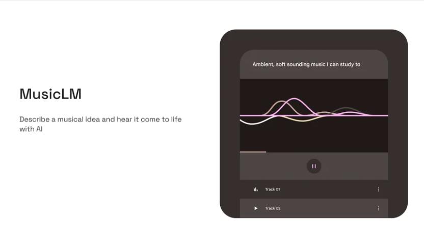A screenshot of Google's MusicLM text-to-music AI system. Text reads "MusicLM. Describe a musical idea and hear it come to life with AI."