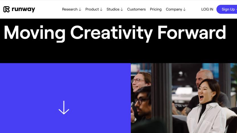 Screenshot of the Runway ML website, featuring the text "Moving creativity forward." People sitting down look excited.