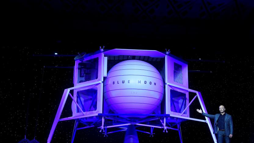 Founder, Chairman, CEO and President of Amazon Jeff Bezos unveils his space company Blue Origin's space exploration lunar lander rocket called Blue Moon during an unveiling event in Washington, U.S., May 9, 2019. REUTERS/Clodagh Kilcoyne   TPX IMAGES OF THE DAY