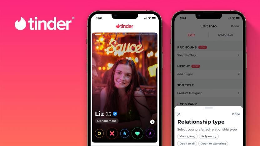 Tinder marketing image showing two smartphones with a red background and the Tinder logo on the upper left. The phones show the Tinder app, with a young person named Liz, listed as "monogamous." The second phone screen shows her settings, where she can choose between different relationship types.