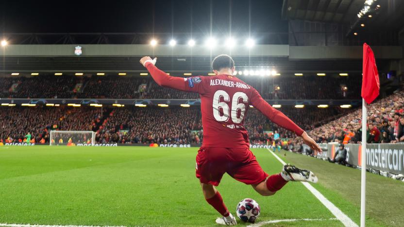 LIVERPOOL, ENGLAND - MARCH 11: (BILD ZEITUNG OUT) Trent Alexander-Arnold of Liverpool FC controls the ball during the UEFA Champions League round of 16 second leg match between Liverpool FC and Atletico Madrid at Anfield on March 11, 2020 in Liverpool, United Kingdom. (Photo by Max Maiwald/DeFodi Images via Getty Images)