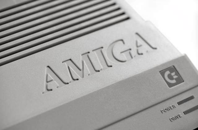 Detail of the logo on a vintage 1980's Commodore Amiga 500 personal computer and games console, taken on September 14, 2016. (Photo by Neil Godwin/Future via Getty Images)