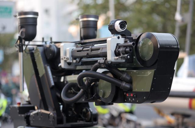 MADRID, SPAIN - OCTOBER 12: Detail of a bomb disposal robot during the solemn act of homage to the national flag and military parade on Columbus Day, on 12 October, 2021 in Madrid, Spain. The improvement of the health situation has allowed the traditional parade for 12 October, which last year had to be replaced by an austere static act in the courtyard of the Royal Palace, without public and a reduced participation of military units, to be held again. A total of 2,656 military personnel, 68 aircraft including planes and helicopters and 115 vehicles are taking part in this year's parade. (Photo By Eduardo Parra/Europa Press via Getty Images)