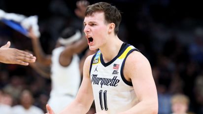 Getty Images - INDIANAPOLIS, INDIANA - MARCH 24: Tyler Kolek #11 of the Marquette Golden Eagles celebrates after defeating the Colorado Buffaloes in the second round of the NCAA Men's Basketball Tournament at Gainbridge Fieldhouse on March 24, 2024 in Indianapolis, Indiana. (Photo by Andy Lyons/Getty Images)